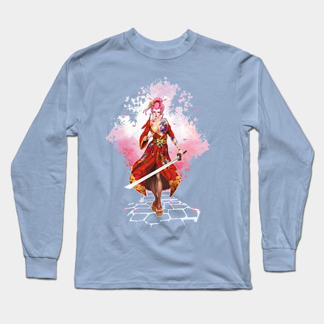 Pink emotive geisha samurai warrior pinup Long Sleeve T-Shirt by Nalga